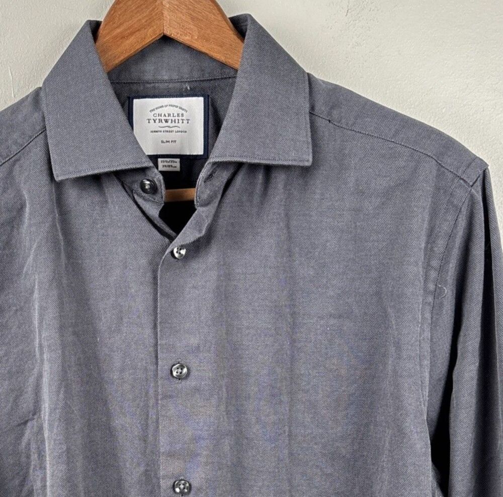Charles Tyrwhitt Shirt Men 15.5-39” Dark Gray Slim Fit Long Sleeve Textured